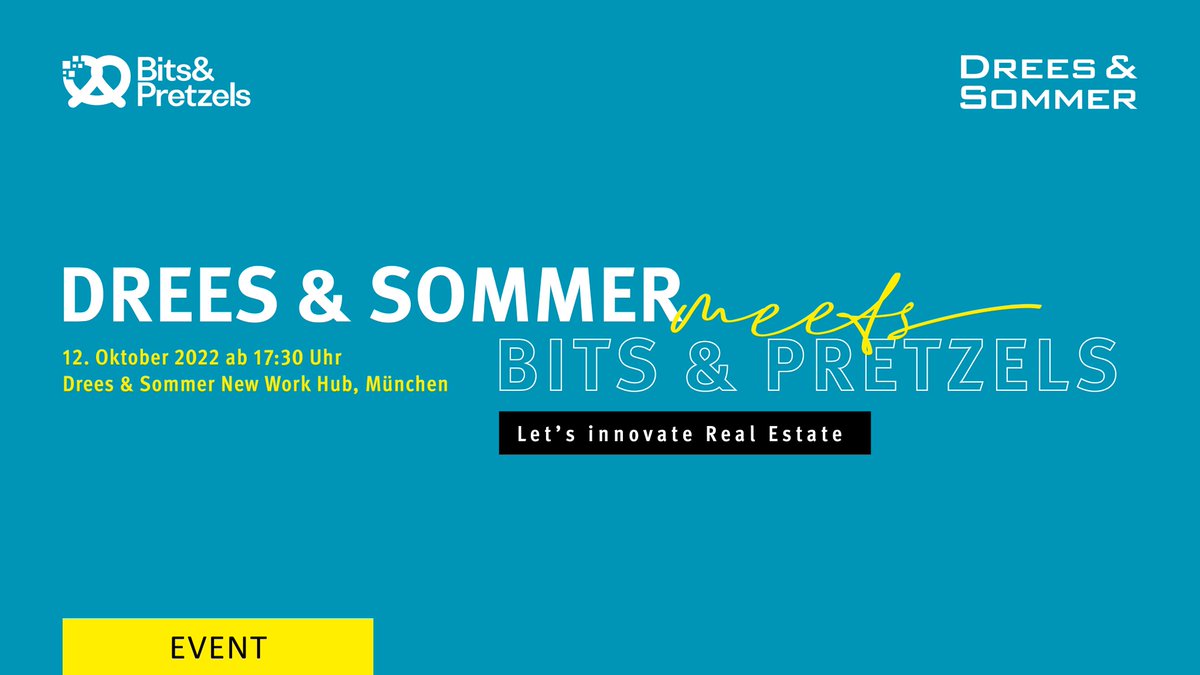 Drees_Sommer's tweet photo. Lust auf ‘ne Brezel? 🥨 Die bekommen Sie zur Begrüßung unsere #Startup-Veranstaltung
„Drees &amp; Sommer meets @bitsandpretzels“. Am 12.10.2022 ab 17:30 Uhr im Drees &amp; Sommer #NewWork Hub in München dreht sich alles ums Thema „Let’s innovate #RealEstate“: https://t.co/Wj4pB1pMxR https://t.co/IwBFi3rGa9
