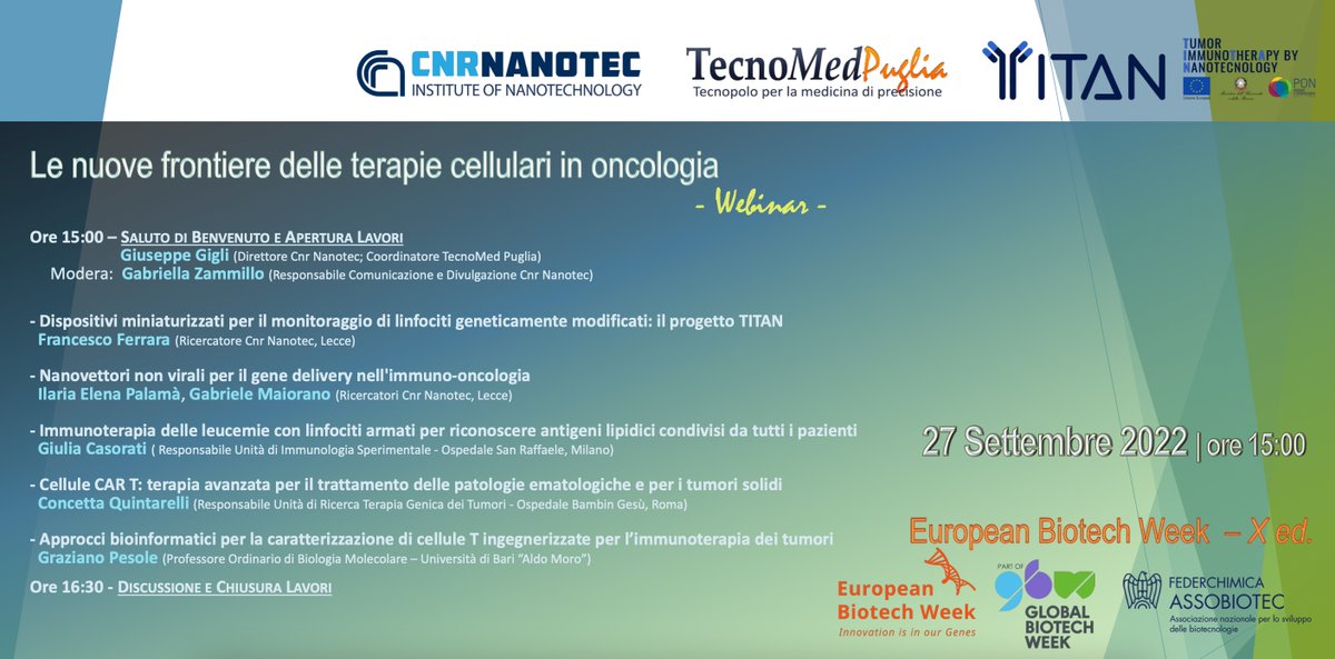 CNRsocial_'s tweet image. #EBW2022 #biotechweek @biotechweek 
📌 #27settembre | ore 15 | webinar
Le nuove frontiere delle terapie cellulari in #oncologia
Occasione di confronto sulla ricerca nel campo delle malattie oncologiche. Organizzato da @CnrNanotec
Leggi di più👇
cnr.it/it/evento/18139