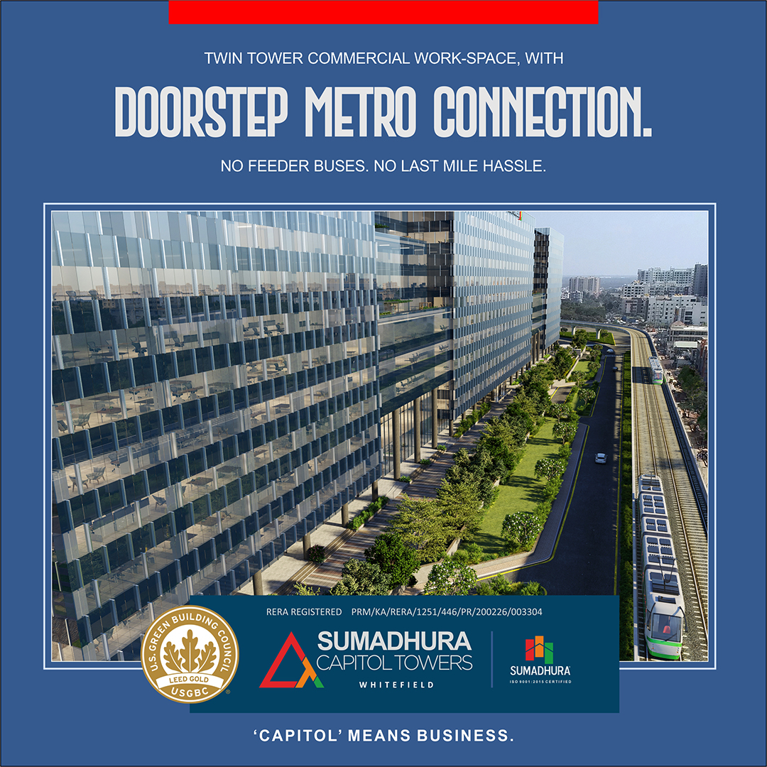 teamsumadhura's tweet image. Take an edge of metro connectivity to reach the office in the short possible time. 
#SumadhuraCapitolTowers, 
 strategically located opposite Kadugodi #MetroStation.

To know more: bit.ly/3ralhKy

#DreamWorkSpace #commercialproperty #Office  #Doorstepmetroconnection