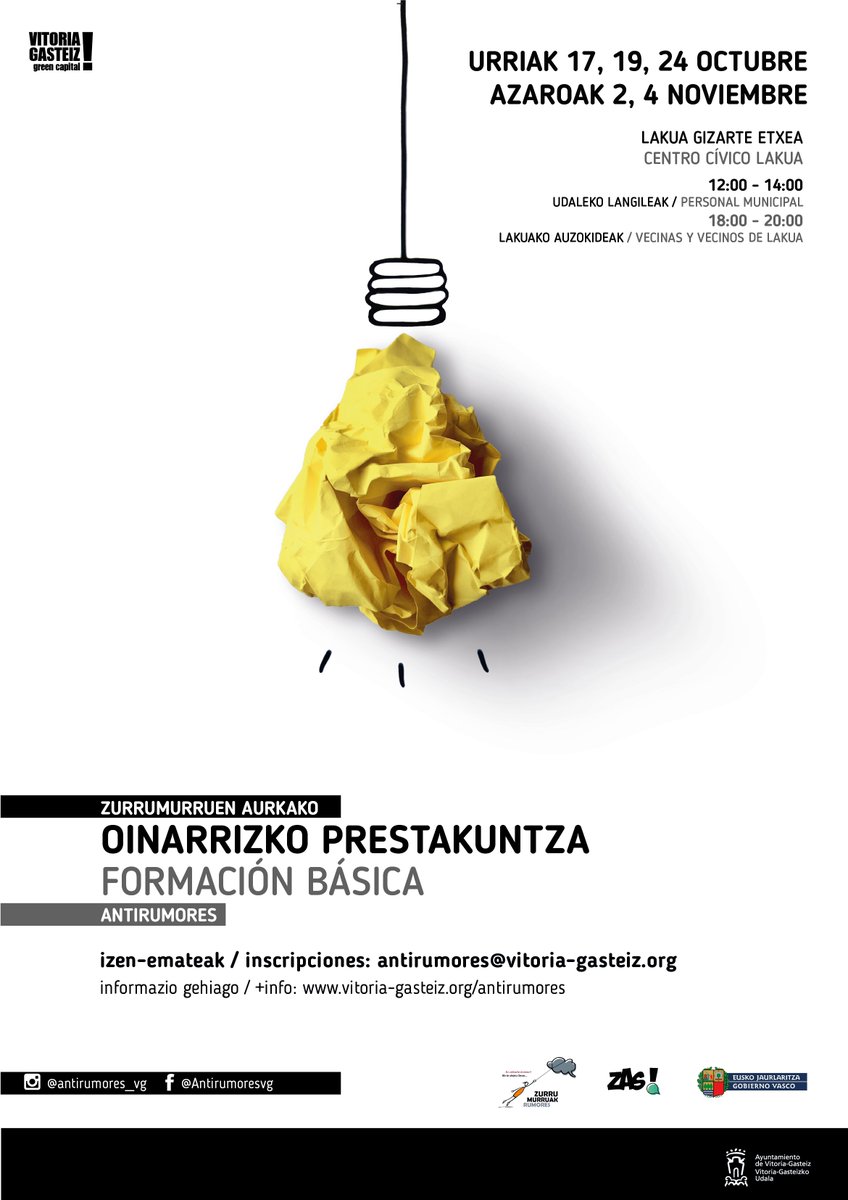 vitoriagasteiz's tweet photo. 📢 Zurrumurruen aurkako oinarrizko prestakuntza

🗓️ Urriaren 17, 19, 24an eta azaroaren 4an
📍 Lakuako Gizarte Etxean
⏰12:00-14:00 (udal langileak) eta 18:00-20:00 (batez ere Lakuako bizilagunak)
✍️Izena emateko ➡️ antirumores@vitoria-gasteiz.org

#Gasteiz @Zas_Antirumor https://t.co/nUeoGyAnNh