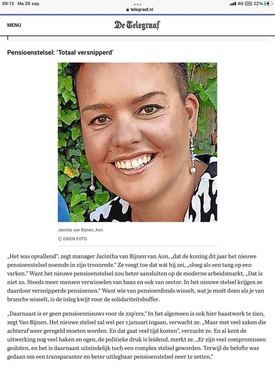 Jacintha van Bijnen AON: Wat de koning zei over het nieuwe pensioenstelsel “sloeg als een tang op een varken”. 
“Nieuwe stelsel sluit niet beter aan op arbeidsmarkt”.
Ik stel: wet gaat zeker in 2023 niet in. 
Weg er mee. Hou er mee op.
Hoge Rekenrente: 10% indexatie
⁦<a href="/ADnl/">AD.nl</a>⁩