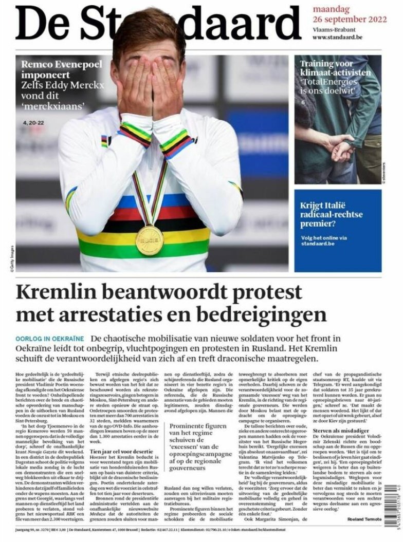 Rainbow Remco all over today's newspapers in Belgium! 🌈🇧🇪 #Wollongong2022