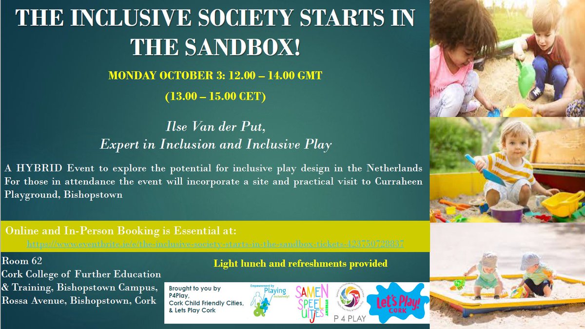 P4Play_EU's tweet photo. Together with the Cork Child friendly City, Let's play Cork @P4Play_EU is hosting an #inclusiveplay workshop next week!
We will explore inclusive approaches to play in the Netherlands and Ireland. 
Online and in person.👉🏽REGISTER here: https://t.co/YsBA4oScB4 https://t.co/p4oUFlZZP7