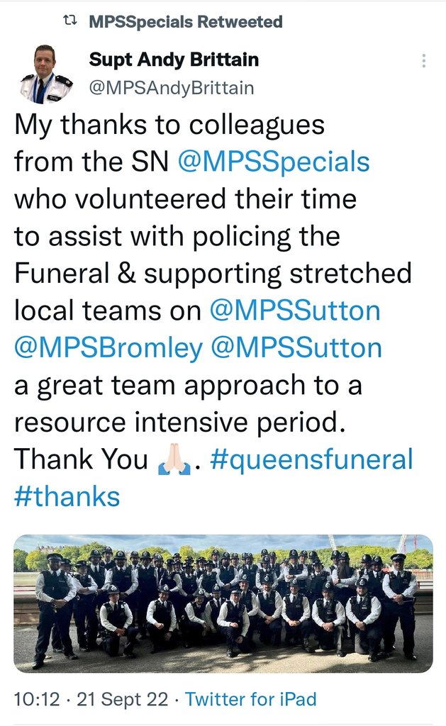 Firesnapper999's tweet photo. #DidYouKnow That 540 @MPSSpecials unpaid volunteer Police Constables supported their full time @metpoliceuk colleagues in ensuring the safety of citizens / attendees on the day of HMTQ funeral. #AmazinngVolunteers #MakeADifference #RecognitionDeserved https://t.co/ZrFPOfstIU