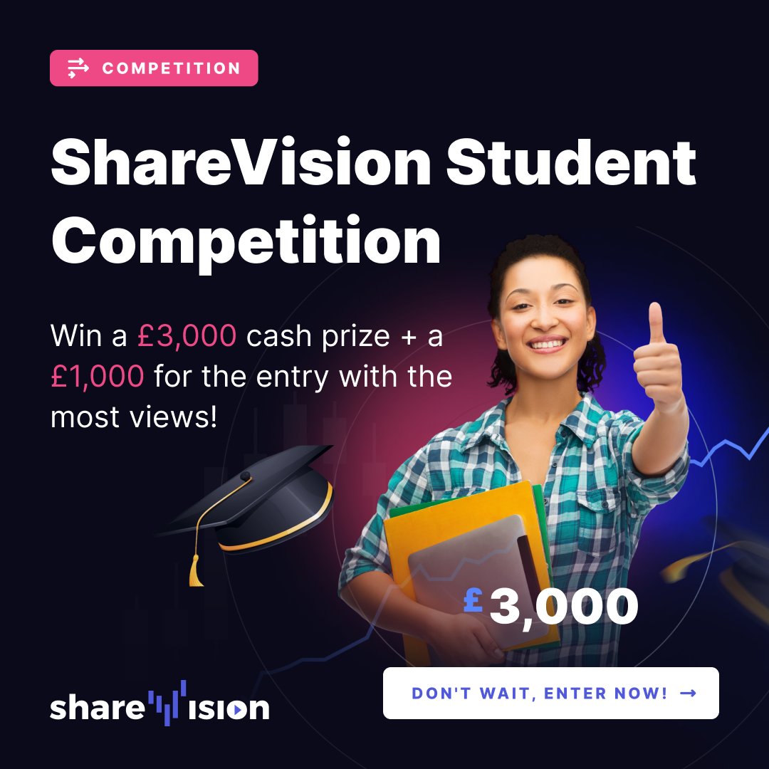 sharevisionlive's tweet image. 🔔 ShareVision Student Competition is HERE! Enter and have a chance to win a £3,000 cash prize by simply answering one question!

It takes less than 2 minutes to enter - just go to sharevision.com/student &amp;amp; follow the steps.

Good Luck! 🤞

#ShareVisionStudent #Studentcompetition