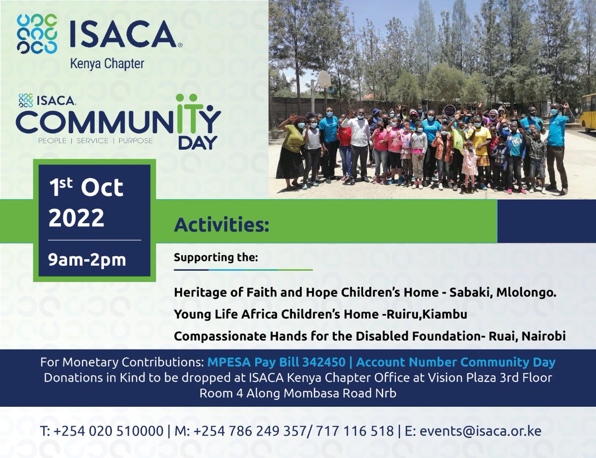 Isaca_kenya's tweet photo. With only 4 days remaining, we kindly request you to send your contributions towards the #CommunITyDay2022 for proper planning purposes. #MPESA_Paybill_342450 | #Account_Number Community Day
Donations in kind are also being dropped at ISACA Kenya Chapter Offices. https://t.co/SZli5djUue