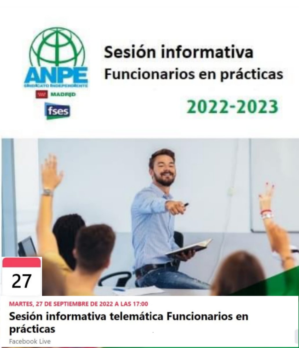 ANPEmadrid's tweet photo. MAESTROS
FUNCIONARIOS EN PRACTICAS
🚨RECORDATORIO

📢JORNADA INFORMATIVA ANPE-MADRID:
Fecha:martes 27 de septiembre
Hora:17:00

PONENTES

✅ Patricia-Gemma Saldaña Figa, Directora del Servicio Provincial de MUFACE Madrid.
✅Víctor José Sanz Gómez, inspector de la DAT Madrid-Este https://t.co/2O5ya6IKgg