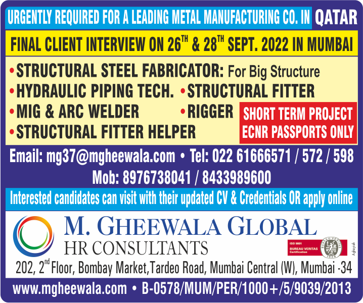 mgheewala_hrc's tweet photo. Job Vacancies for #qatar
Interested Candidates can send the updated resume to mg37@mgheewala.com
Learn More https://t.co/Ps4bxvjpD1
#qatarjobs #migwelder #arcwelder #rigger #structuralfitter #steelfabricator #manufacturing #shorttermproject #hydraulicpipingtechnician #metal https://t.co/LThhZ2EbgK