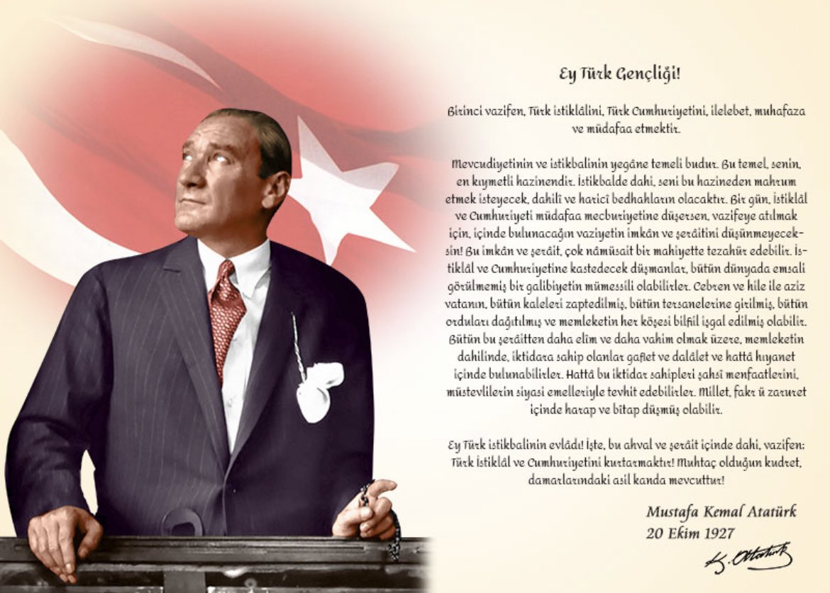 gokhandarcan41's tweet photo. Gelmiş geçmiş en anlamlı hitabe Gazi Mustafa Kemal ATATÜRK’ün Ey Türk Gençliği diye başladığı o kıymetli sesleniştir.
Bu coğrafyada ezberlere kazınmış en değerli öğüttür. #gencliğehitabe #hitabe https://t.co/37jlsJbQWn
