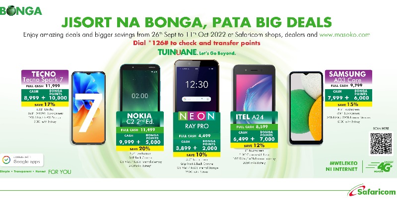 SafaricomPLC's tweet photo. Pata amazing deals and bigger savings from 26th September to 11th October 2022 at Safaricom shops or dealers. Usipitwe! Dial *126# to check and redeem your points today. #JisortNaBonga
