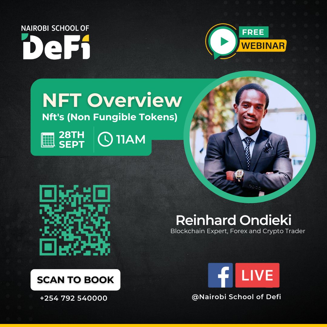 NS_DeFi's tweet photo. You're invited to join our educational webinar this Wednesday, September 28th for an overview on NFTs. Scan QR code to register or contact us on +254 792 540000. WhatsApp 

 #NSdefi #webinar #online #NFTs #webinaronline #training https://t.co/eMtEebIeS7