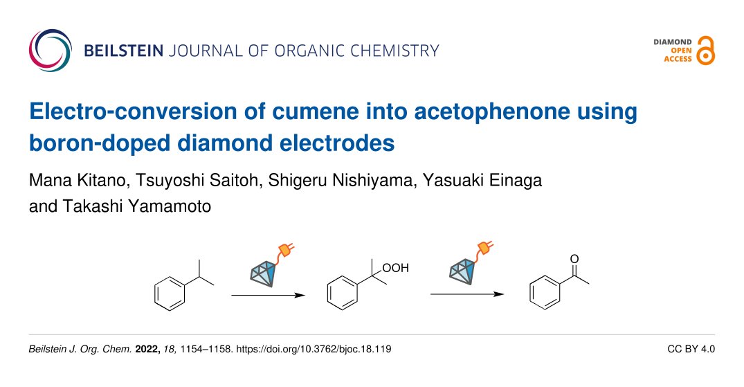 BeilsteinInst's tweet photo. Takashi Yamamoto and co-authors demonstrate a straightforward electro-conversion of #cumene into #acetophenone using boron-doped diamond #electrodes.
#electrosynthesis #electrochemistry ⚡ #sustainability
🔗 https://t.co/IQmeCBfNfP
DiamondOpenAccess 💎🔓 #BJOC https://t.co/1AXieyyOXW