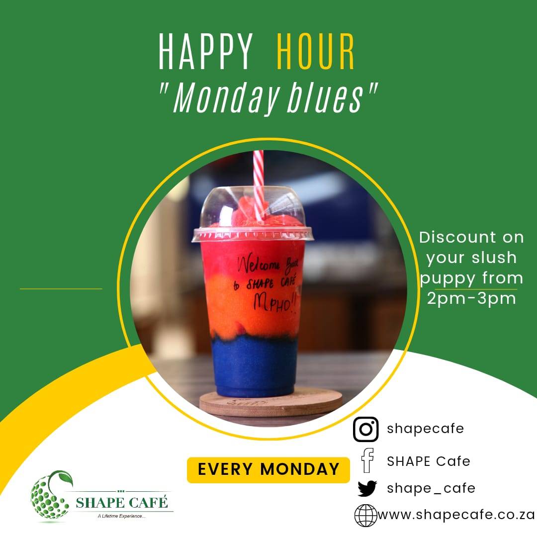 shape_cafe's tweet photo. It's Monday and we are dealing with the blues accordingly 😃
Get awesome discounts with our "Monday blues" Happy hour ,when you buy a Slush puppy 💚
Only on Monday's.
#Shapecafe
#Mondayblues
#Happyhour https://t.co/QmNve2Il34