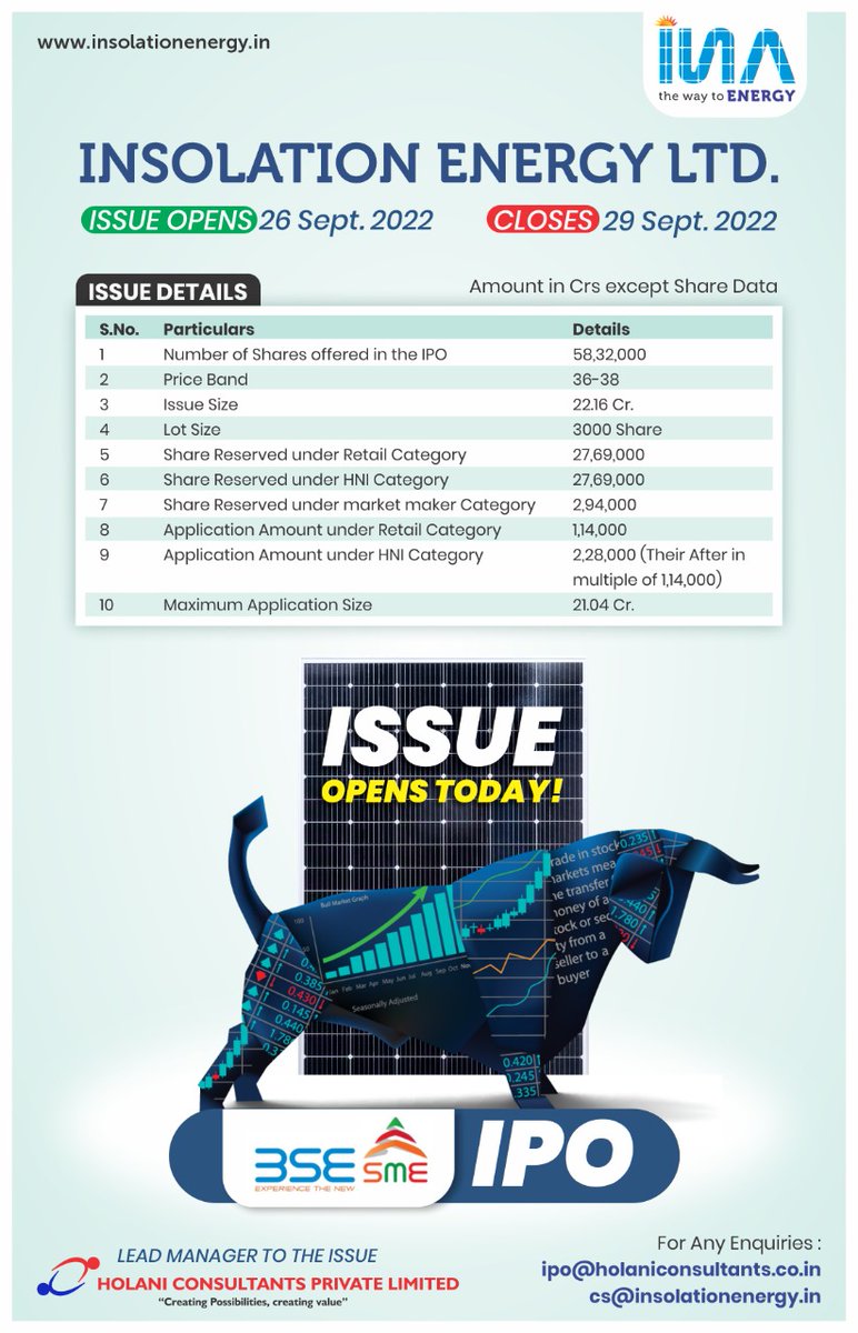 insolationenrgy's tweet photo. The moment that we have been waiting for is here. With the blessings of the Almighty, Insolation Energy Limited's maiden IPO Equity Issue on BSE SME is now open for interested investors.
#INASolar #InsolationEnergyLtd #IPO #CovetedDay #ISSUEOPEN #Equity #Shares #BidOpen #BSE https://t.co/DuRI4HGWJa