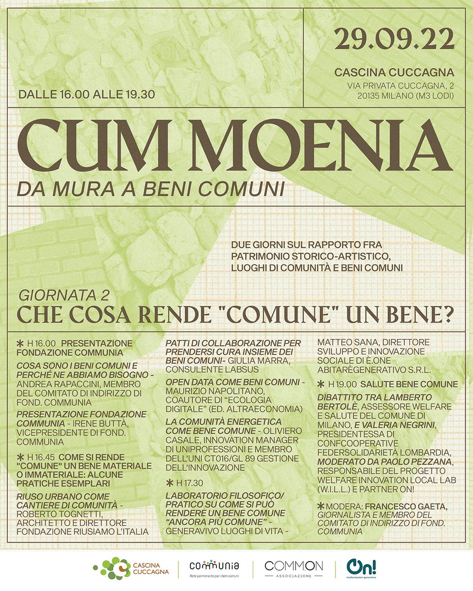eone_abitare's tweet photo. 🔹 Cum moenia: da mura a beni comuni 🔹
Due giorni dedicati ai #BeniComuni in #CascinaCuccagna
Per saperne di più: https://t.co/MDFN7zIjga

🔸 Intervento di #MatteoSana per raccontare l'esperienza di #Generavivo ➡️ Giovedì 29 settembre ore 17.30

#On #CommOn #Communia https://t.co/OioAgPwv8E
