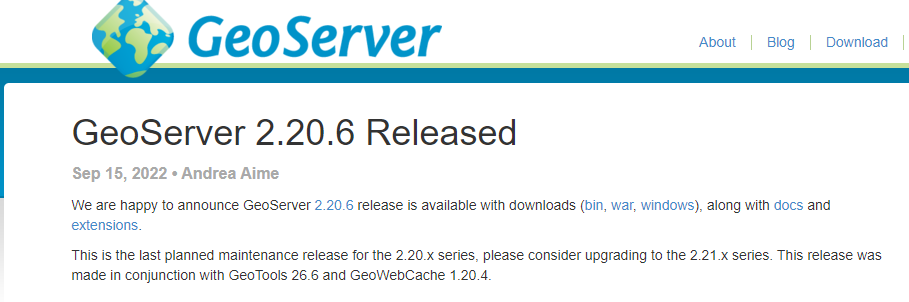 Lanzada la nueva versión de #Geoserver: Geoserver 2.20.6 Aquí puedes ver el anuncio oficial: 👉bit.ly/3LQkjwn y aquí descargarla y ver la información más detallada: 👉bit.ly/3BKRiO1