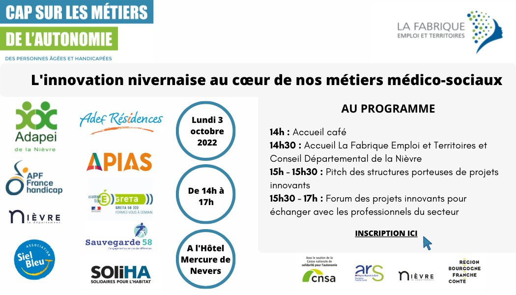 Retrouvez-nous le lundi 3 octobre à l’Hôtel Mercure de Nevers  pour échanger sur notre projet de conception d’un bras robotisé d’aide à la prise des repas et les activités de notre fablab intégré à un établissement médicosocial.
Le programme : lafabriquemploi.fr/wp-content/upl…
