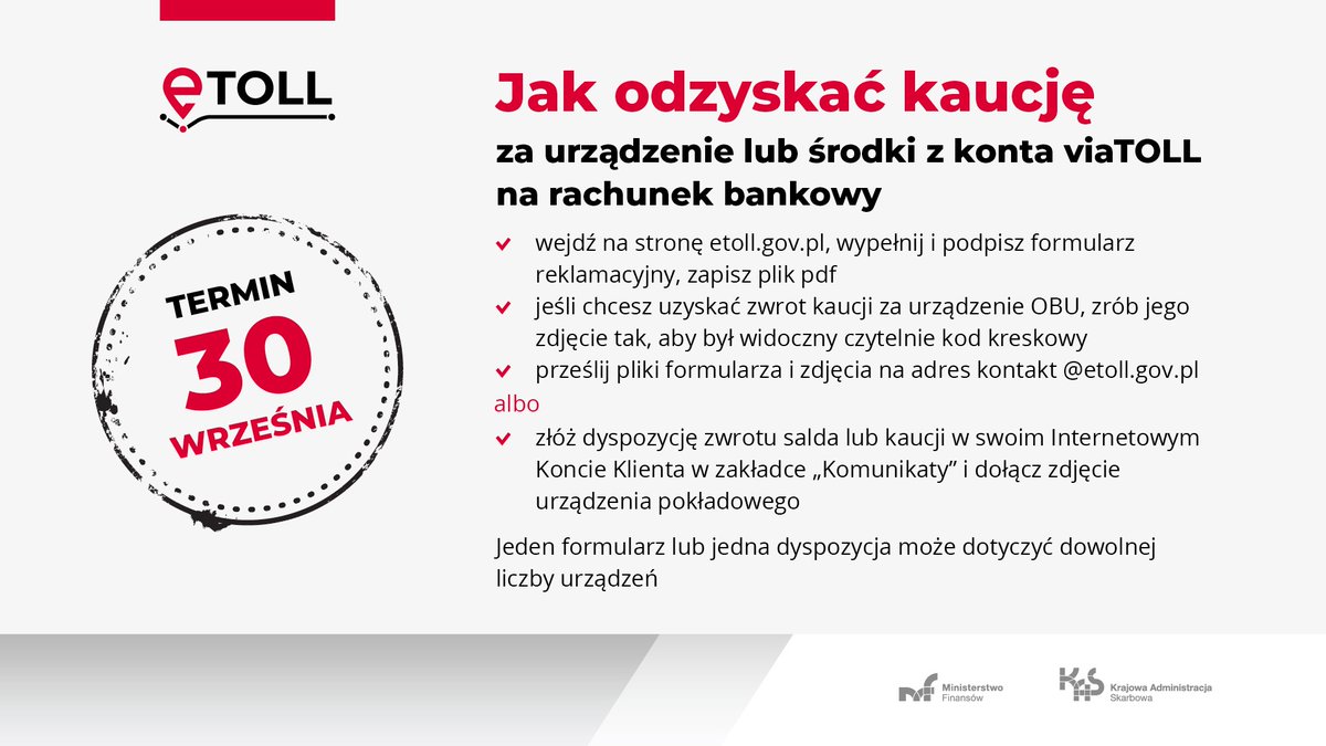KAS_GOV_PL's tweet photo. ‼️ Zostało 5⃣ dni.
Już 𝟯𝟬 𝘄𝗿𝘇𝗲𝘀́𝗻𝗶𝗮 𝟮𝟬𝟮𝟮 𝗿. upływa termin składania wniosków o zwrot kaucji za OBU (viaBOX) i środków z umów zawartych w wygaszonym systemie #viaTOLL.
Więcej pod adresem ➡️ https://t.co/dRC1Wj2LRZ oraz na stronie aktualnego systemu płatności #eTOLL. https://t.co/qqKMbFgiCI