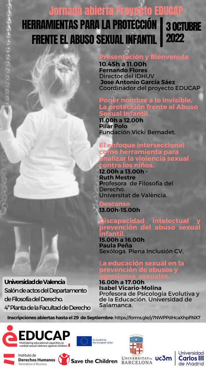 IDHUV's tweet photo. 👉Lunes 3 de octubre
Jornada "Herramientas para la protección frente el abuso sexual infantil”.
Proyecto europeo #EDUCAP @IDHUV 
En la @DretUV https://t.co/M7WSNklw2j