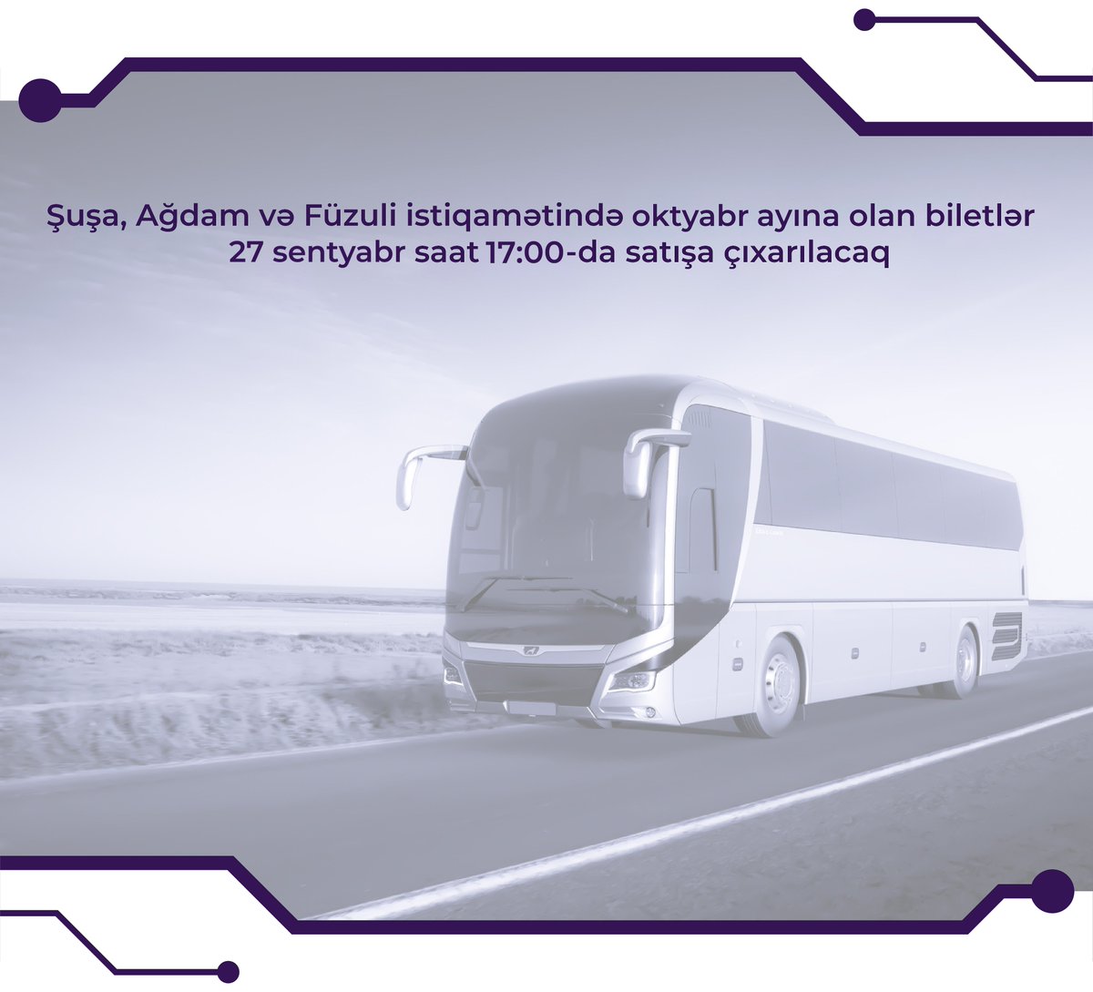 MDDTAzerbaijan's tweet photo. Şuşa, Ağdam və Füzuli istiqamətində oktyabr ayına olan biletlər satışa çıxarılacaq.
Daha ətraflı məlumat: https://t.co/339P6SA2vz
#MDDTAzerbaijan #RİNNAzərbaycan #DANX #YolumuzQarabağa https://t.co/M1ckSABkWv