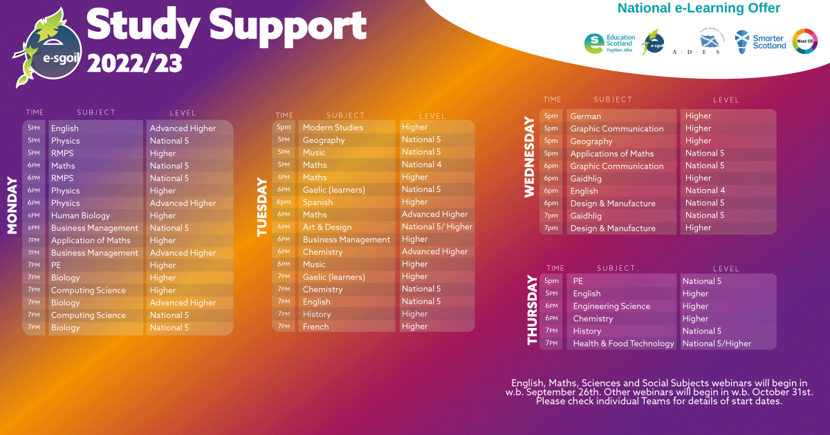 Our Study Support teachers are ready for the restart of our live webinars this evening. Have your learners signed up yet?
English, Maths, Sciences &amp; Social Subjects start this week with pother subjects to follow from 31st October.
Visit e-sgoil.com/study-support/ for more info #NeLO
