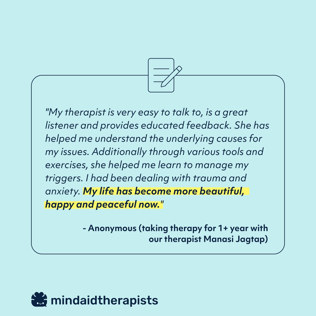 mindaid_'s tweet photo. ✨Client Testimonials Part I✨
Starting therapy can be scary at first. So we thought of sharing with you what some of our clients have to say about their therapy experience with us!

#therapy #Mentalhealth #Feedback #MentalHealthAwareness https://t.co/58XW4GYyBl