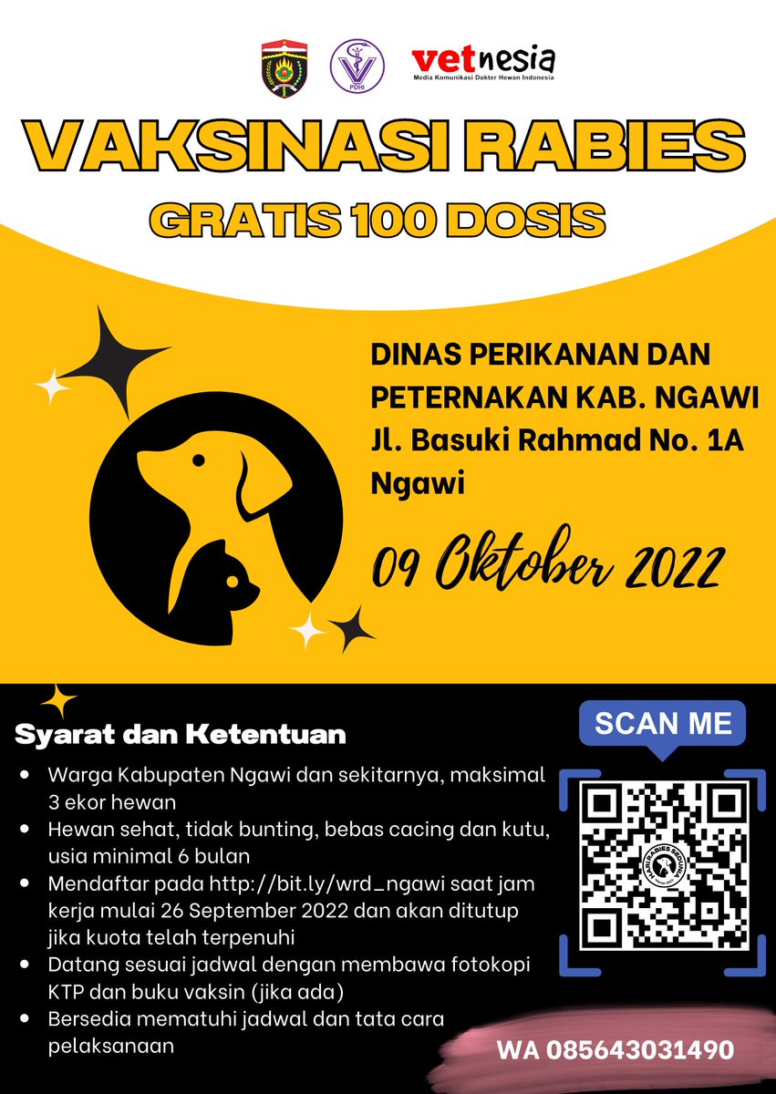 bernaskurnia's tweet photo. Vaksinasi Rabies Gratis 100 Dosis, 9 Oktober 2022, Dinas Perikanan dan Peternakan Kab. Ngawi, daftar di https://t.co/QjD1XpXDgy atau scan qr code di bawah https://t.co/OuTs9XKsC6