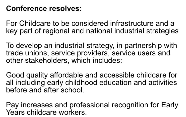 Excited to hear that #lab21 CLPs have selected Early years for debate at conference. This is the @bristolwestlab <a href="/BristolSouthLab/">Bristol South Labour</a> motion that we submitted. Childcare should be seen as an essential part of how our economy works.