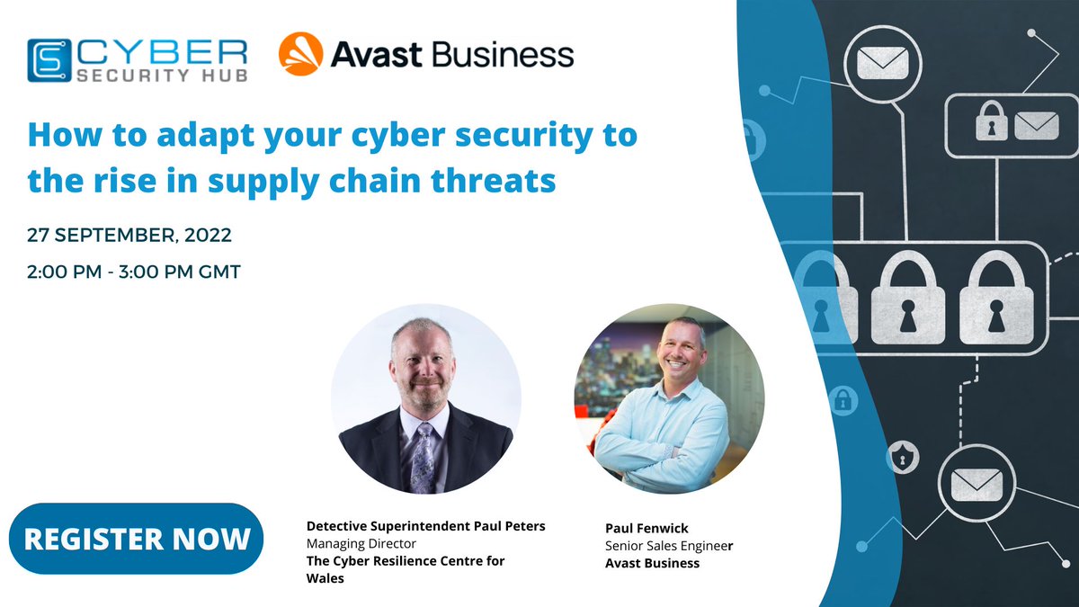 Cyber Resilience Centre for Wales (@crcwales) on Twitter photo WCRC and <a href="/AvastBusiness/">Avast Business</a> #cyber #webinar reminder!
2-3pm on 27 Sept - How to adapt your #CyberSecurity to the rise in #SupplyChain threats.
Grab a ticket: wcrcentre.co.uk/events
#CyberResilience #CyberAwareness #SmallBusiness #SMEs #Charities #ThirdSector #Wales WCRC and <a href="/AvastBusiness/">Avast Business</a> #cyber #webinar reminder!
2-3pm on 27 Sept - How to adapt your #CyberSecurity to the rise in #SupplyChain threats.
Grab a ticket: wcrcentre.co.uk/events
#CyberResilience #CyberAwareness #SmallBusiness #SMEs #Charities #ThirdSector #Wales