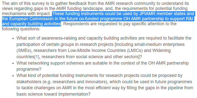 EU_RDI_LifeSci's tweet photo. 📢Últimas horas para responder a la encuesta de la #JPIAMR sobre Esquemas/Instrumentos de financiación en el ámbito de I+D+I #AMR que podrían ser usados en el futuro partenariado #OneHealthAMR de #HorizonteEuropa
Cierre a las 12:00 del mediodía de hoy. #Participa
@HorizonteEuropa https://t.co/jr8lggE2NL