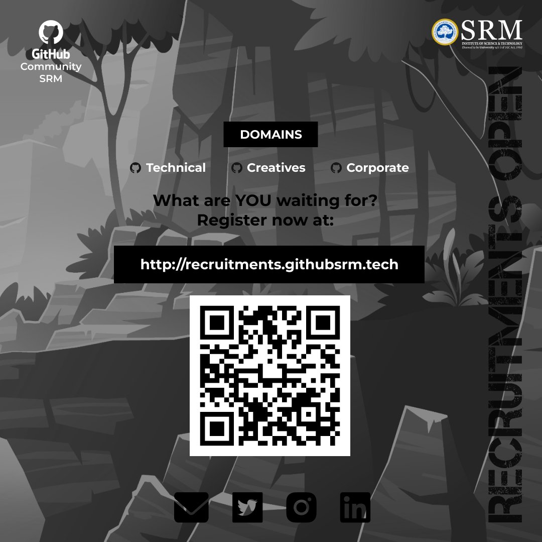 GithubSrm's tweet photo. Paradiddling our way towards recruitment this semester!

GitHub Community SRM is now ready to expand its open-source ground. We are recruiting students from the 1st and 2nd years.

Start off by registering at https://t.co/wLjkrwH7op 

#github #githubsrm #githubeducation #srmist https://t.co/bXrKW9cGHO