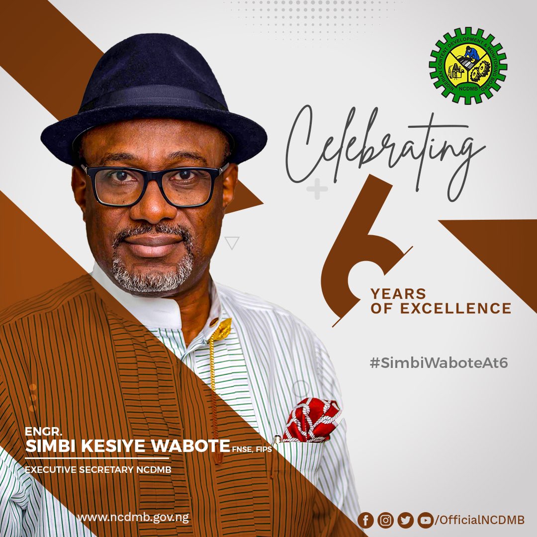 OfficialNCDMB's tweet photo. Celebrating Six Years of Excellence of Engr. Simbi Kesiye Wabote (FNSE, FIPS) as Executive Secretary of the Nigerian Content Development and Monitoring Board (NCDMB)

Congratulations, Sir!

#SimbiWaboteAt6
#NCDMB https://t.co/n9UkSO7aFY