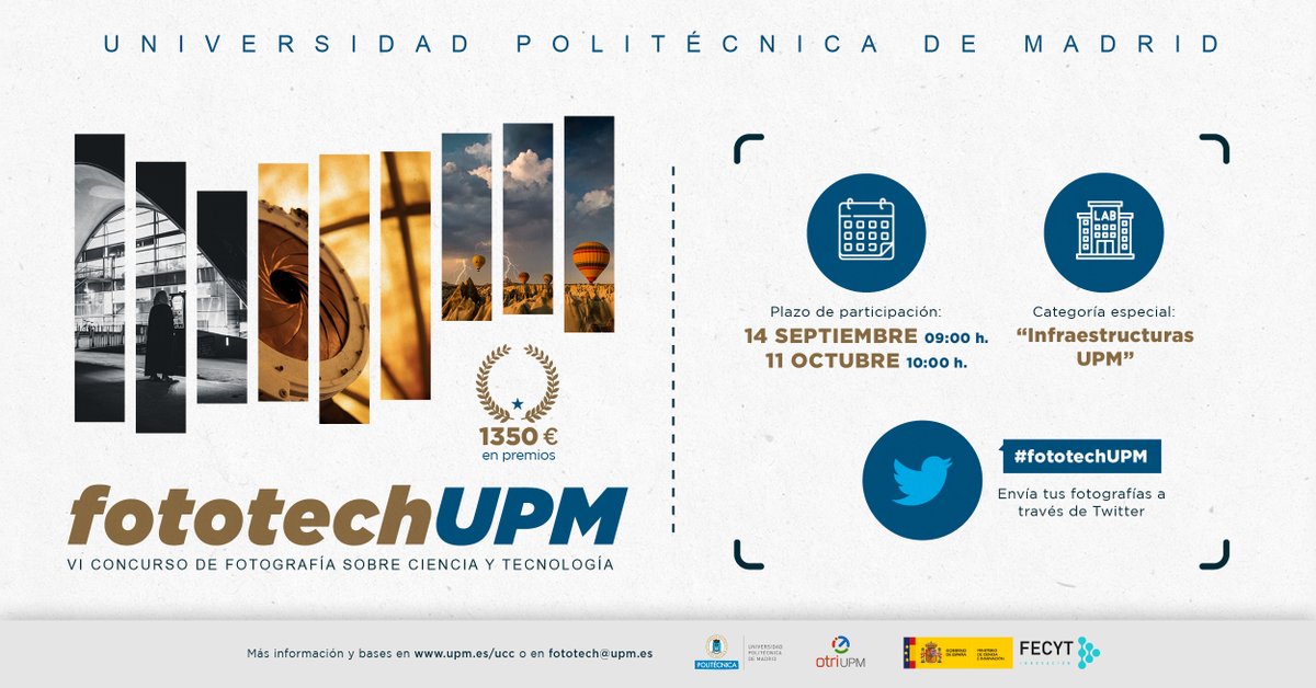 La_UPM's tweet photo. 📸Recuerda que tienes hasta el 1⃣1⃣ de octubre para mandar tus fotografías sobre ciencia y tecnología y alzarte con uno de los premios del concurso #fototechupm. ¡Hasta 1.350€ en premios!
#somosUPM https://t.co/iFrUoJljE2