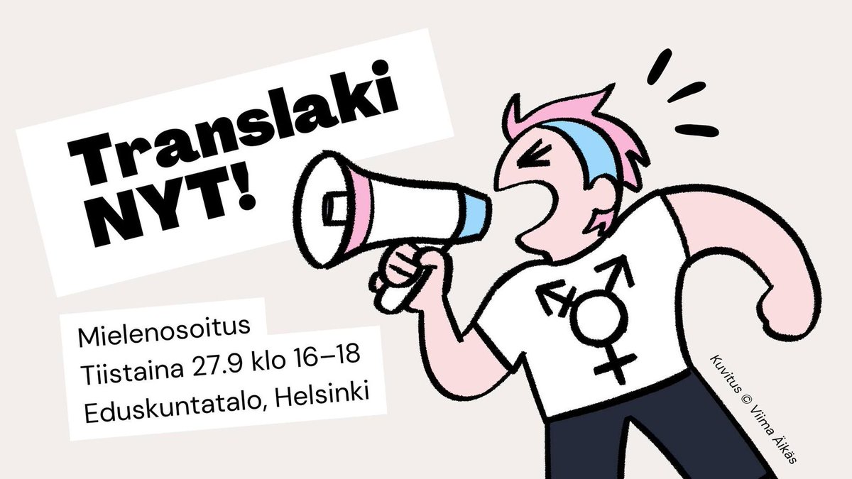 Huomenna vaadimme #TranslakiNYT eduskuntatalon edessä klo 16-18 sekä tukimielenosoituksissa #Kuopio'ssa, #Joensuu'ssa ja #Jyväskylä'ssä. Lisätiedot fb-tapahtumasta sivuilta sekä <a href="/transyhdistys/">Trans ry</a> IG:ssä: facebook.com/events/4283413…