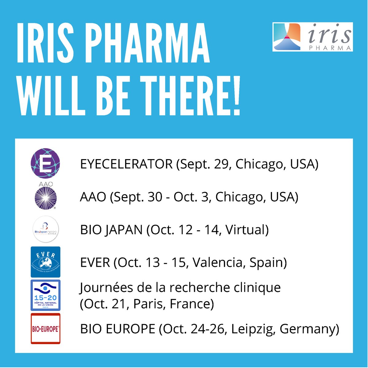 iris_pharma's tweet photo. Iris Pharma will participate in many meetings in the coming weeks!  Book a meeting slot with our team to discuss your ophthalmology development program. https://t.co/fvIf9VLDTB
#ophthalmology #oculardevelopment #clinicaldevelopment #preclinicaldevelopment #research_development https://t.co/rKcce2Knae