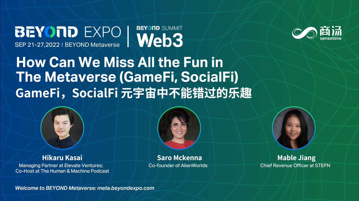 Hello Explorers, our CEO Saro Mckenna will share 'How can we miss all the fun in the Metaverse (GameFi, SocialFi)' at 16:20 UTC+8 today at Beyond Expo 2022 Web3 Summit.

:tv:Watch it live on:
YouTube: bit.ly/beyondexpo

#BEYONDExpo #metaverse #gamefi #socialfi