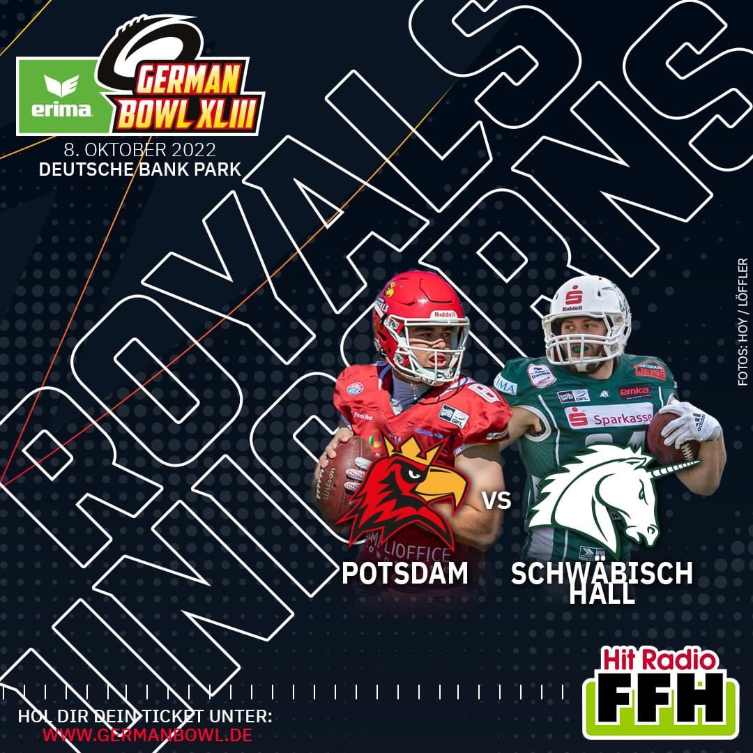 Die Potsdam Royals zum ersten Mal und die Schwäbisch Hall Unicorns zum zehnten Mal sind die Finalisten für den ERIMA German Bowl XLIII am 8.Oktober im Deutsche Bank Park Frankfurt.
Alle weiteren Infos &amp; Ticketsservice zum ERIMA German Bowl auf: germanbowl.de