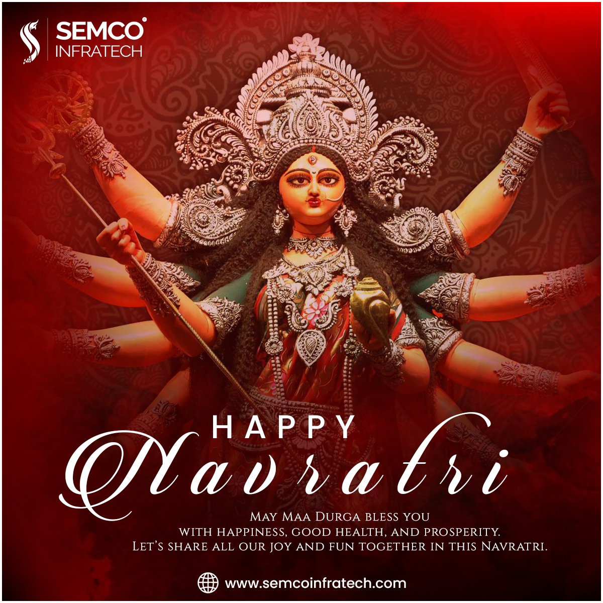 semcoinfratech's tweet photo. May the great goddess Maa Durga provide you with the strength, wisdom, and courage to overcome all obstacles in life. 
Happy Navratri!
.
Visit Our Website:-https://t.co/XDT6loEbct
#semco #semcoinfratech #navrati #navratrispecial #navratrifestival #navratri2022  #जयमातादी https://t.co/5cHgqXyVMF