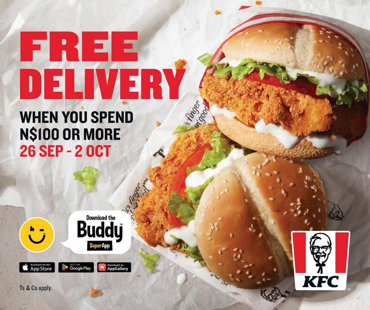 KFCNamibia's tweet photo. Get a whole week of FREE Delivery on KFC orders over N$100 on the Buddy app! Get the App now to start your order! #KFCNamibia https://t.co/6RI8tcmRMM