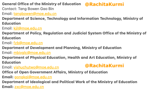 RachitaKurmi's tweet photo. List of MOE, China Departments &amp; Email ID
@Afg_Ch_Students @EUstudentschina @GrStudentsChina @SLstudentschina @BNLstudentchina @FRstudentschina
@MoroccanUnion @Africa_stranded @BdiStudents @PakChinaSC @ESPTstudentsCN @rus_students_cn @DEstudentschina @CISUN777 #takeUsBackToChina https://t.co/a3dHGTtaf6