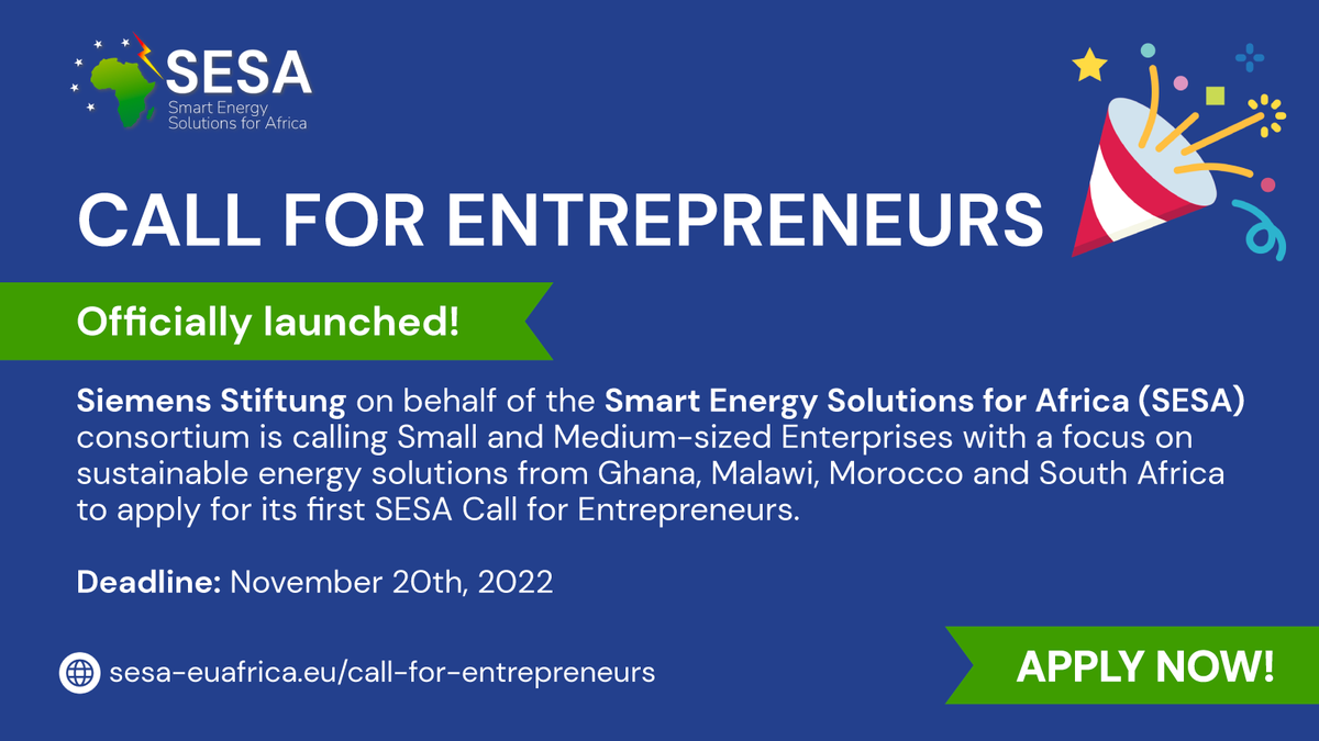 📢 We are excited to announce that <a href="/sesa_project/">SESA Project</a> has just launched its first #Call for #Entrepreneurs!

Are you a social entrepreneur focusing on sustainable  ⚡️ #energy solutions based in Ghana, Malawi, Morocco or South Africa?

Learn more 👉 bit.ly/3C81ulc