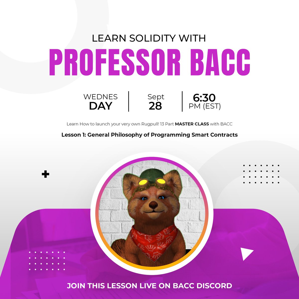 BaccFinance's tweet photo. POWER BACC TO THE PEOPLE!
Learn how to be a DeFi Ninja ๐ฅท
BACC Fi will be hiring talented individuals that can last and perform through all 13 parts of Master Class
Discord: https://t.co/mIjEiZUSGC
#defi #SOLIDITY #blockchain https://t.co/tQzbgj4ZLe