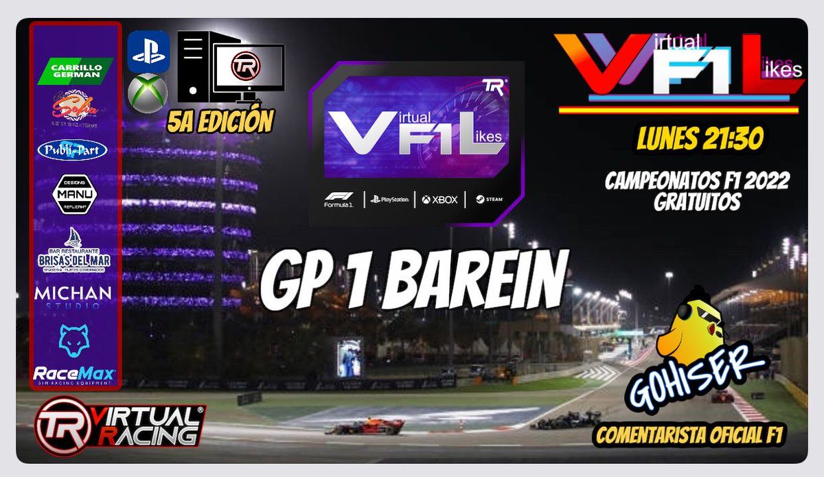 Llegó el MOMENTUM!!!

INAUGURACIÓN Campeonato VirtualF1 Likes <a href="/gt_likes/">VirtualGTLikes</a> 

Esta noche en directo en....

📺Twitch 21:30 H 
twitch.tv/P_GoHiSer
🎙️🐣 @Pollito_GoHiSer

Con novedades al stream después de mucho trabajo detras con el equipo de <a href="/Titanium__Red/">Titanium__Red / M.Lucas</a>

Va a ser una Lokura🤩