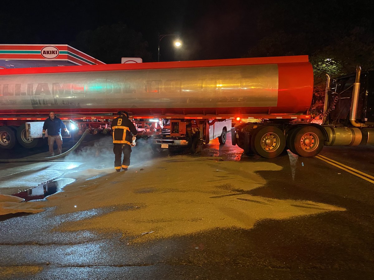 Boston Fire Dept. (@bostonfire) on Twitter photo The truck off loaded 11,500 gallons of gasoline to the business . Companies have put down absorbents and covered the sewer drains to contain the spill. The driver and passenger of the van were transported by <a href="/BOSTON_EMS/">Boston EMS</a> . The truck off loaded 11,500 gallons of gasoline to the business . Companies have put down absorbents and covered the sewer drains to contain the spill. The driver and passenger of the van were transported by <a href="/BOSTON_EMS/">Boston EMS</a> .
