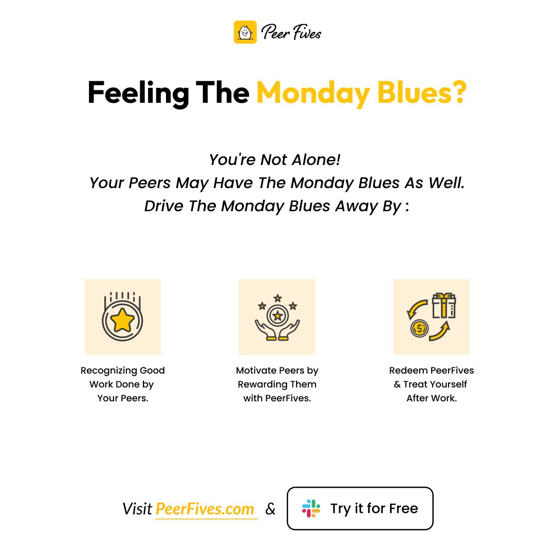 Dreaded Monday back again? Don’t worry! Driving away Monday Blues with PeerFives is simple. Get started with our FREE 30-day trial NOW. Try it for Free Today: peerfives.com #reward #peerrecognition #work #teamcollaboration #mondayblues #MondayMood