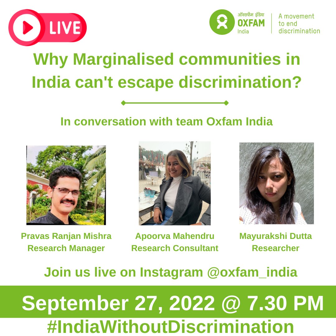 OxfamIndia's tweet photo. Join us for #Instalive tomorrow at 7.30. pm! 

We will discuss what Oxfam India’s India Discrimination Report 2022 speaks about discrimination faced by marginalised groups in India with our team. 

Link to set the reminder from Instagram app- https://t.co/BrVw4IjPP0 https://t.co/PQoGmj4o8X