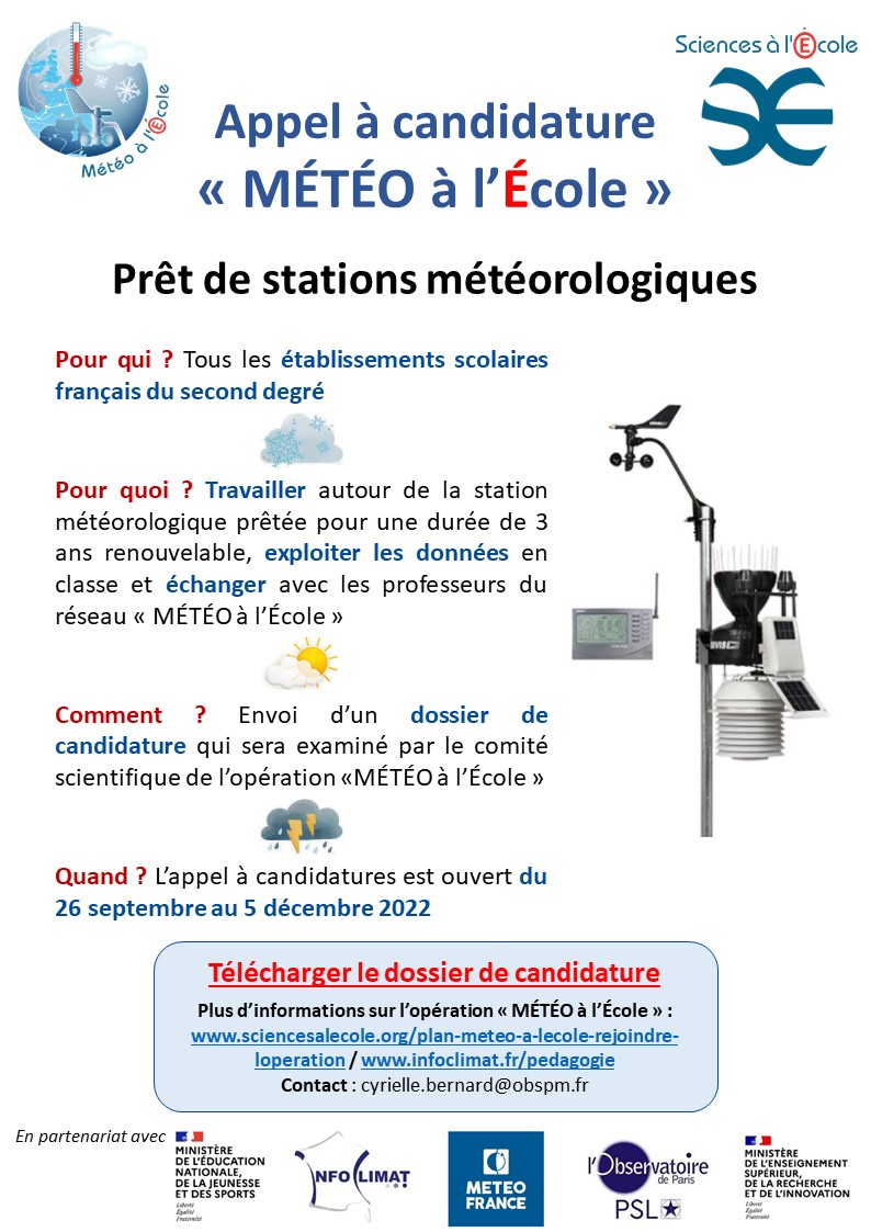 Lancement de l'appel à candidatures "MÉTÉO à l’École" ! ☀️ Si vous voulez bénéficier du prêt d'une station #météo pour votre établissement scolaire, c'est par ici ➡️sciencesalecole.org/plan-meteo-a-l… ⛅️🌈☔️

<a href="/infoclimat/">Asso Infoclimat</a> <a href="/meteofrance/">Météo-France</a> <a href="/Casden_BP/">CASDEN</a> <a href="/education_gouv/">Ministère Éducation nationale</a> <a href="/sup_recherche/">Ministère Enseignement supérieur/Recherche/Espace</a>