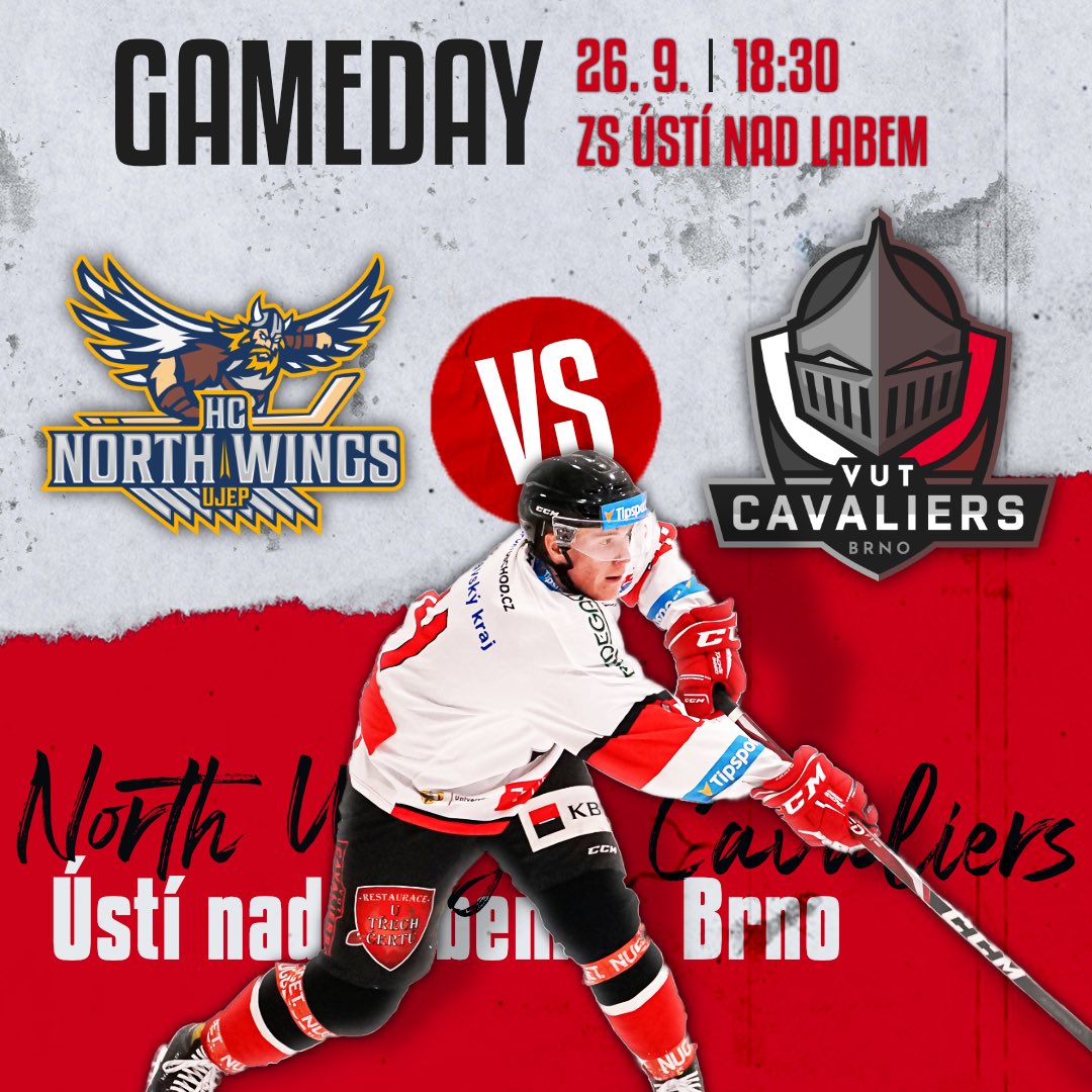 vutcavaliers's tweet photo. První zápas sezony je tady! 🏒 Dnes na ledě @HCNorthWings už od 18:30 🔴 @unihokej https://t.co/5aODwnGRnj