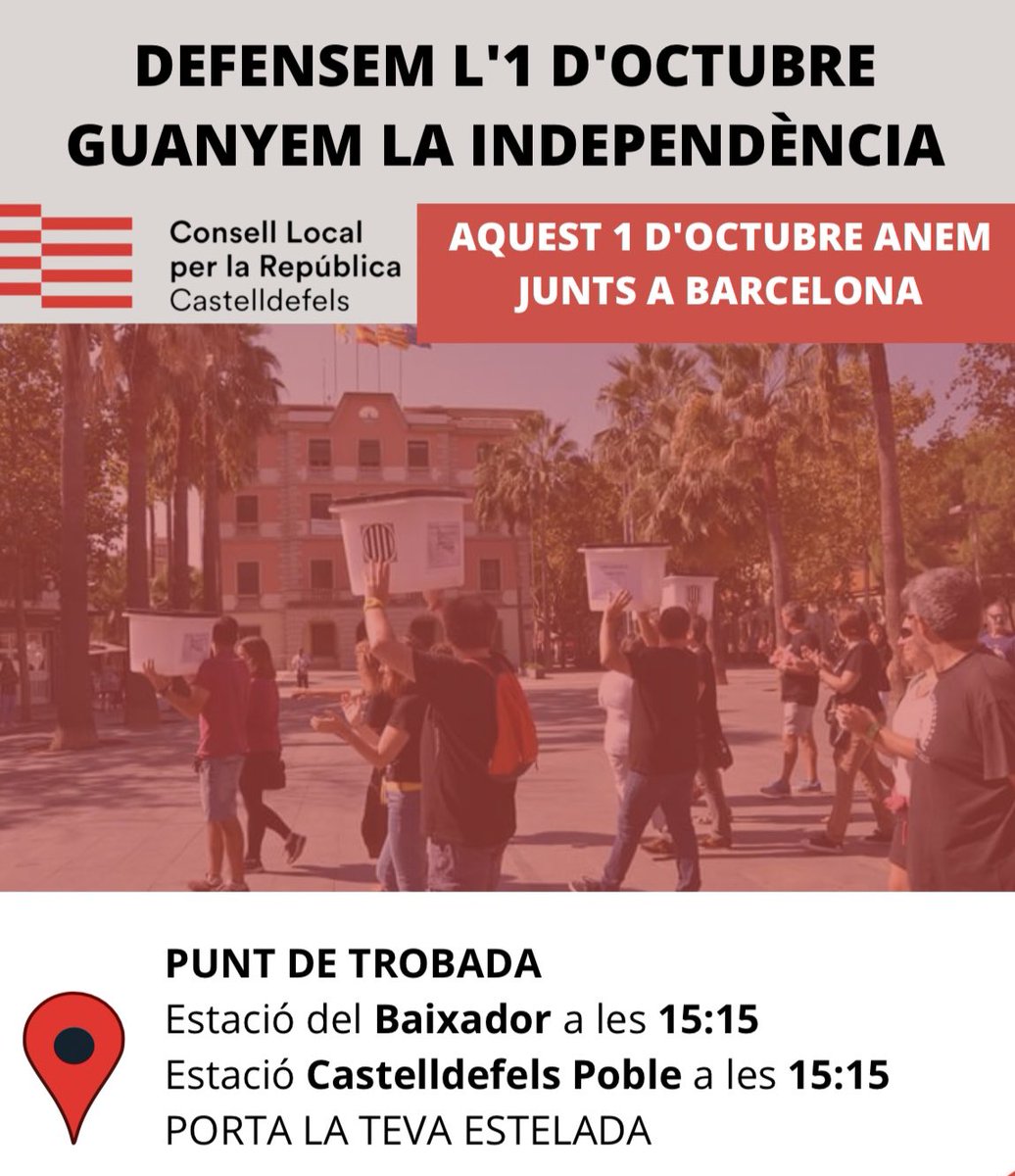 ConsellCDFELS's tweet photo. Aquest dissabte anirem tots junts a l’acte principal que tindrà lloc a Barcelona. Serà a l’Arc de Triomf a les 17h.
Trobada a l’estació del Baixador i de l’estació de Castelldefels a les 15:15 per unir-nos a la resta de municipis. @ConsellxRep #PreparemNos https://t.co/FLVLyqHpzt
