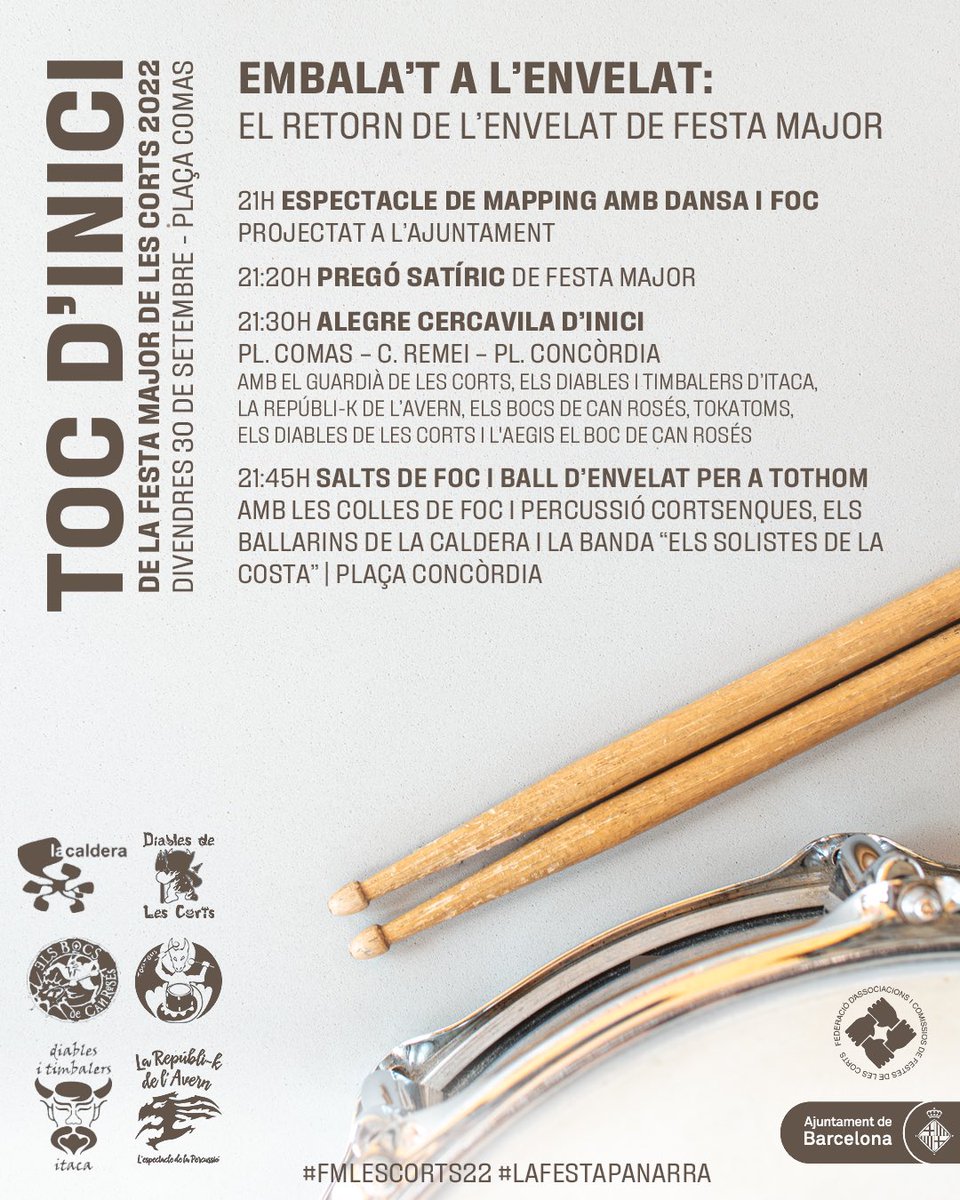 🧐 Ja es aquí la #fmlescorts22! 

Encetem #lafestapanarra amb el Toc d’Inici, el divendres 30 de setembre a les 21h a la Pl. de Comas! 

Dansa, foc, tradició i innovació amb un homenatge a l’envelat 🔥

#diablesdelescorts